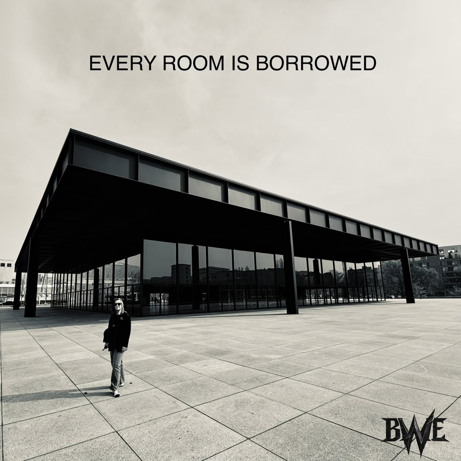 Every Room Is Borrowed album cover: a figure outside a modern glass and steel building